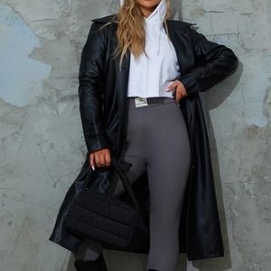 Black Faux Leather Belted Trench Coat